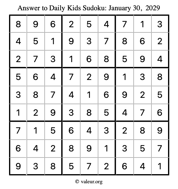 Answer to kids sudoku January 30, 2029