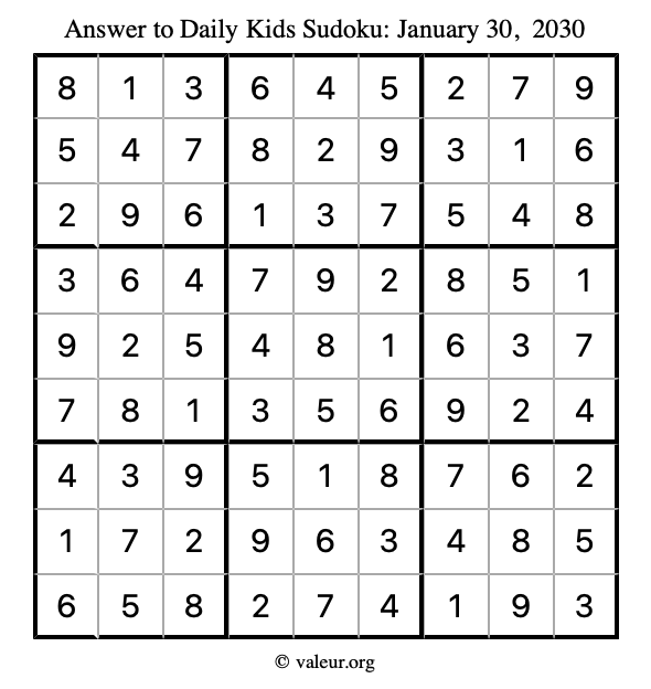 Answer to kids sudoku January 30, 2030