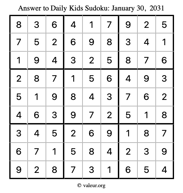 Answer to kids sudoku January 30, 2031