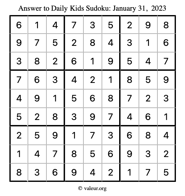 Answer to kids sudoku January 31, 2023