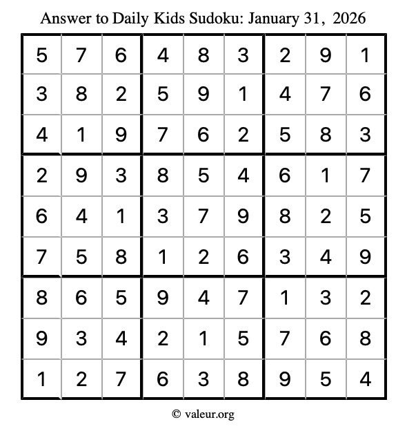 Answer to kids sudoku January 31, 2026