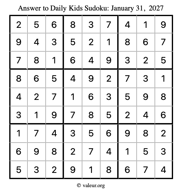 Answer to kids sudoku January 31, 2027