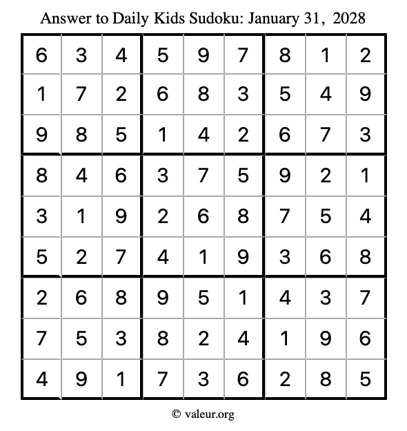 Answer to kids sudoku January 31, 2028