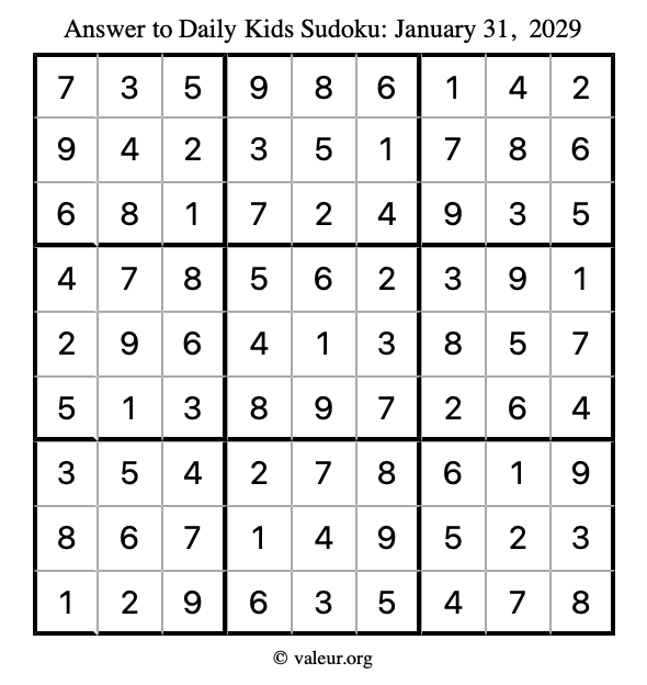 Answer to kids sudoku January 31, 2029