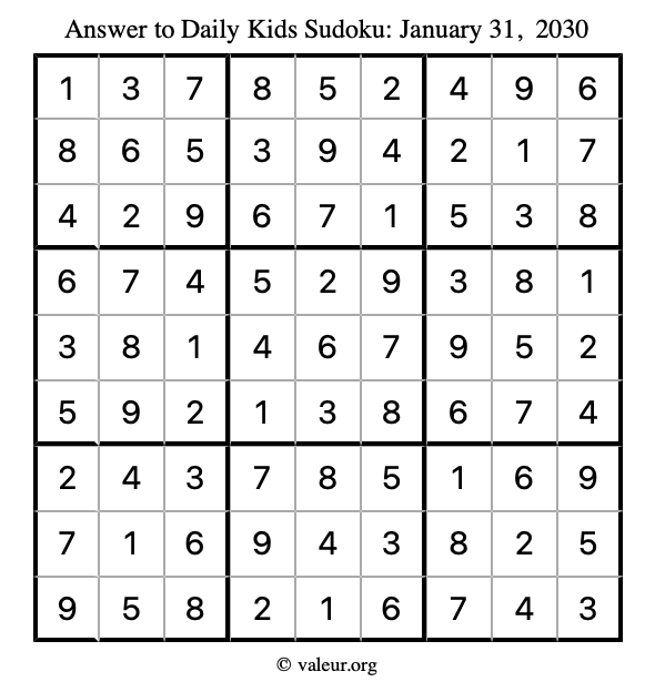 Answer to kids sudoku January 31, 2030