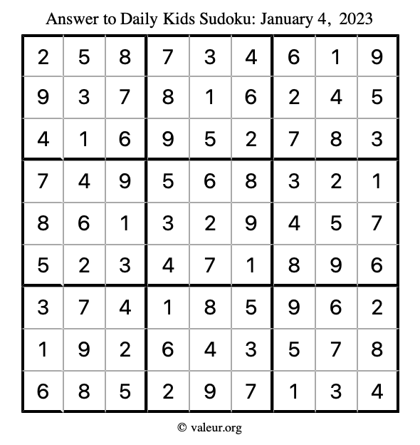 Answer to kids sudoku January 4, 2023