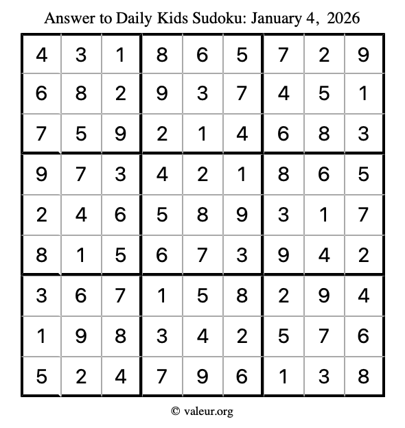 Answer to kids sudoku January 4, 2026