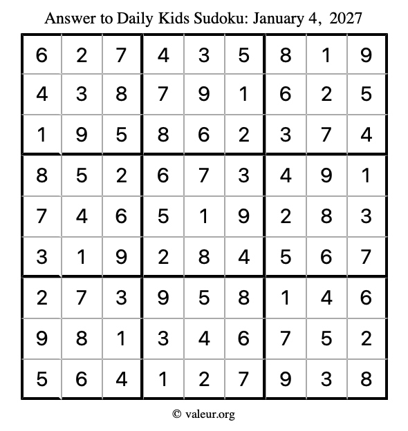 Answer to kids sudoku January 4, 2027