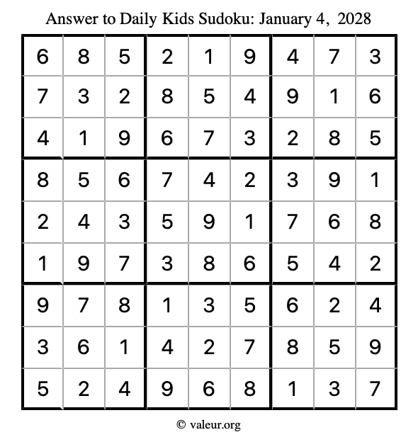 Answer to kids sudoku January 4, 2028