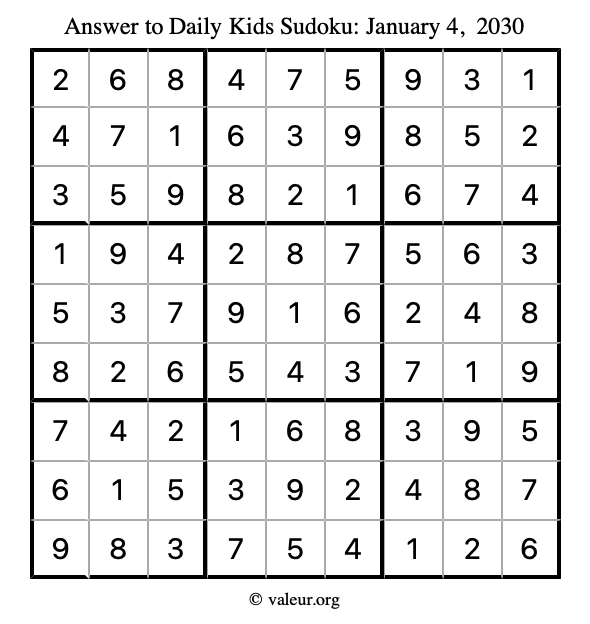 Answer to kids sudoku January 4, 2030