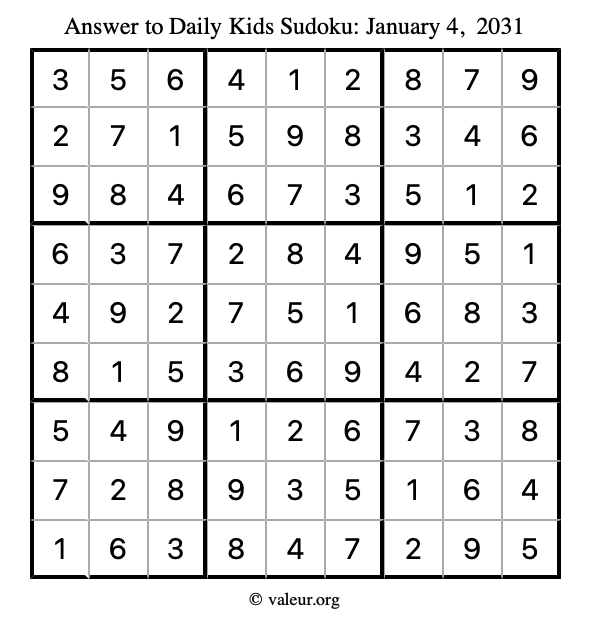Answer to kids sudoku January 4, 2031