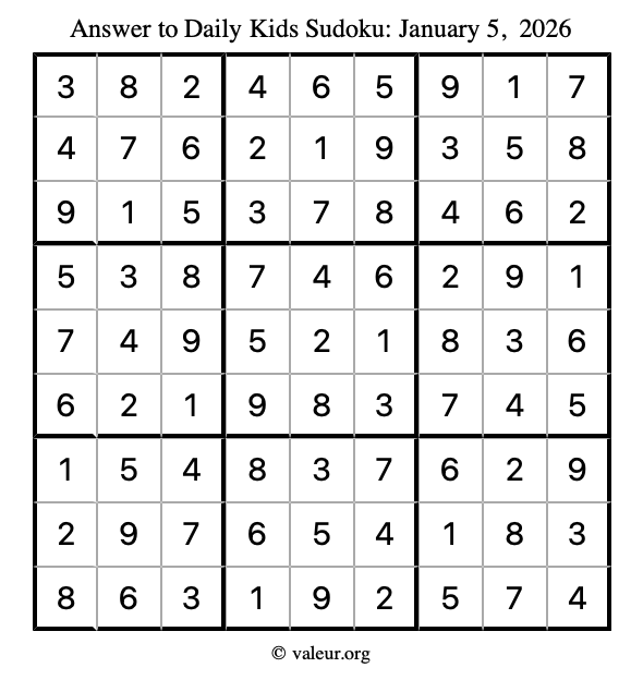 Answer to kids sudoku January 5, 2026