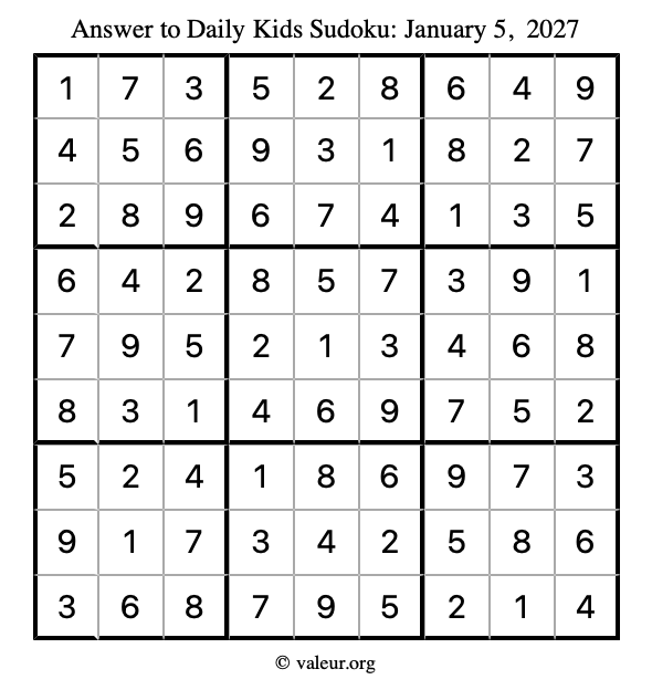 Answer to kids sudoku January 5, 2027
