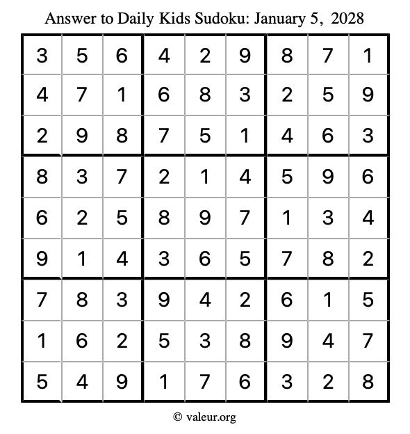 Answer to kids sudoku January 5, 2028