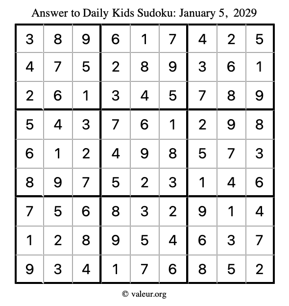 Answer to kids sudoku January 5, 2029