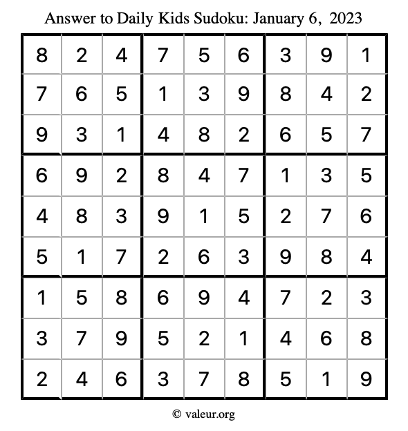Answer to kids sudoku January 6, 2023