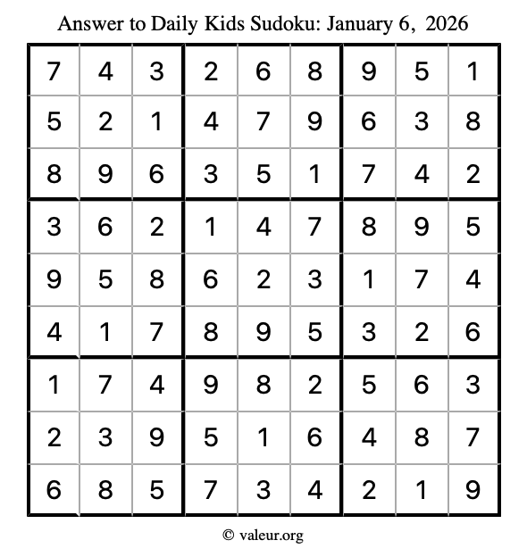 Answer to kids sudoku January 6, 2026