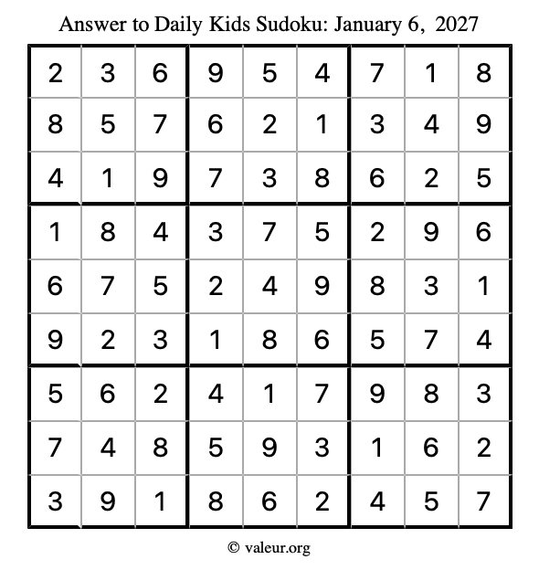 Answer to kids sudoku January 6, 2027