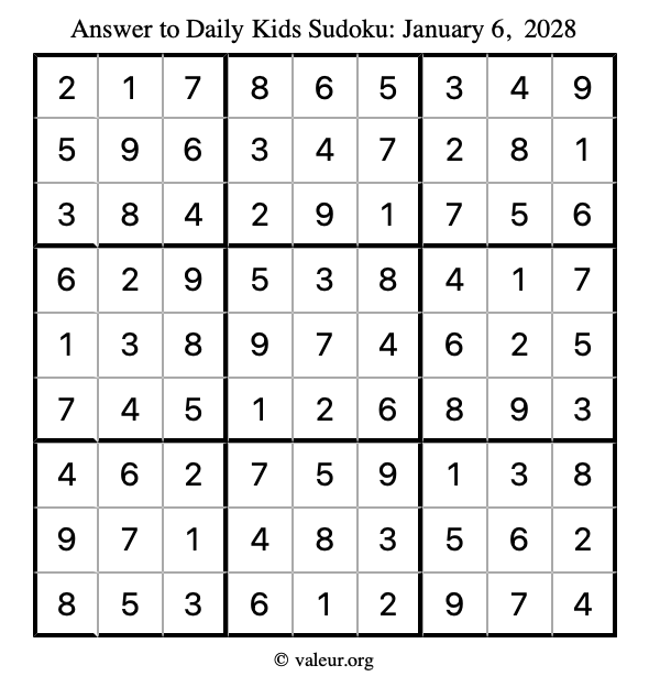 Answer to kids sudoku January 6, 2028