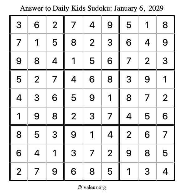 Answer to kids sudoku January 6, 2029