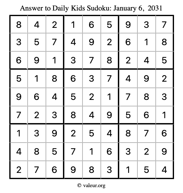 Answer to kids sudoku January 6, 2031