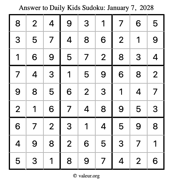 Answer to kids sudoku January 7, 2028