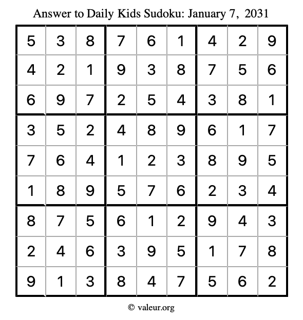 Answer to kids sudoku January 7, 2031