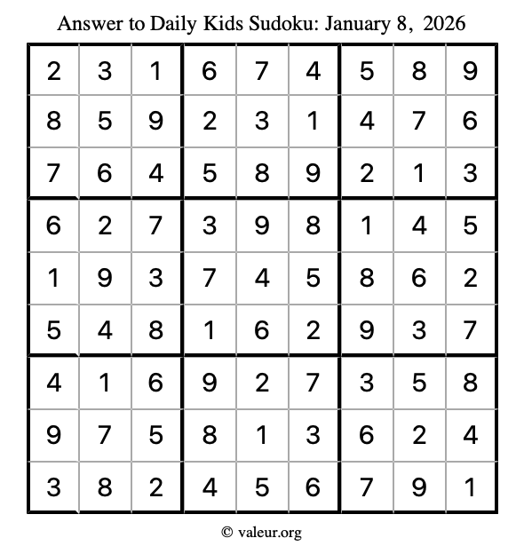 Answer to kids sudoku January 8, 2026