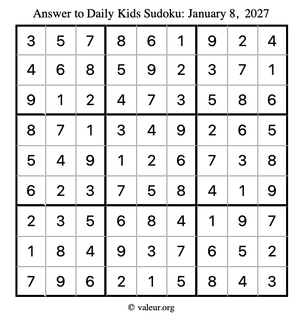 Answer to kids sudoku January 8, 2027