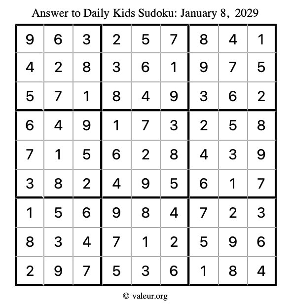 Answer to kids sudoku January 8, 2029