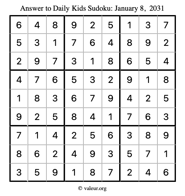 Answer to kids sudoku January 8, 2031