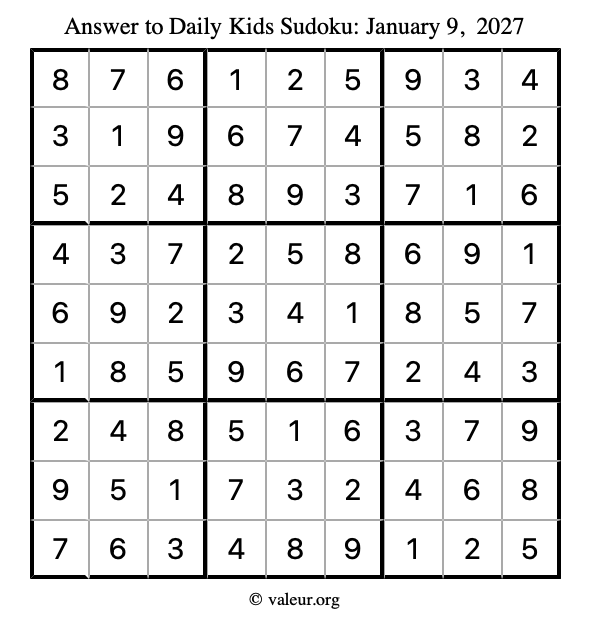 Answer to kids sudoku January 9, 2027