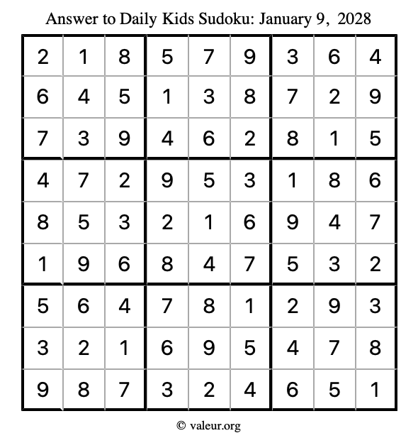 Answer to kids sudoku January 9, 2028