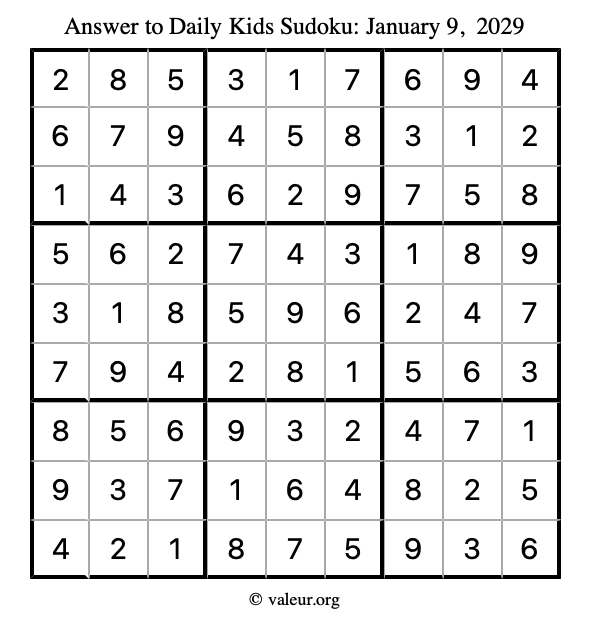 Answer to kids sudoku January 9, 2029