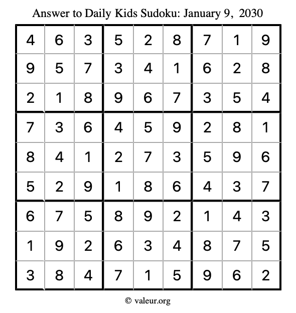 Answer to kids sudoku January 9, 2030