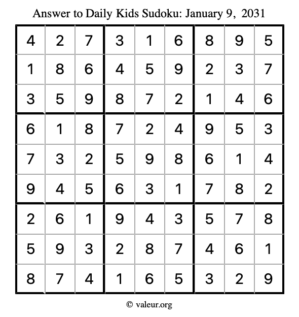 Answer to kids sudoku January 9, 2031