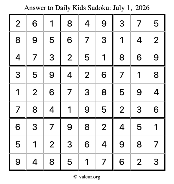 Answer to kids sudoku July 1, 2026