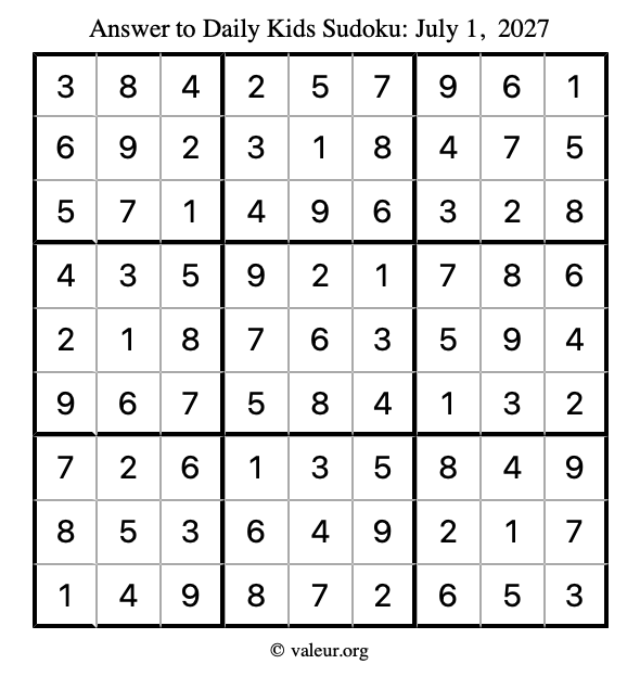 Answer to kids sudoku July 1, 2027