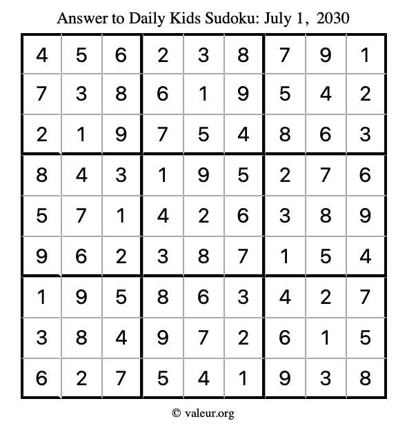 Answer to kids sudoku July 1, 2030