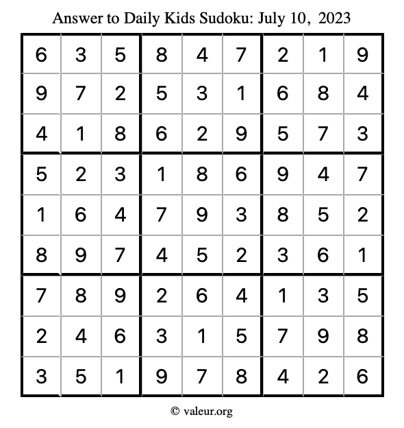 Answer to kids sudoku July 10, 2023