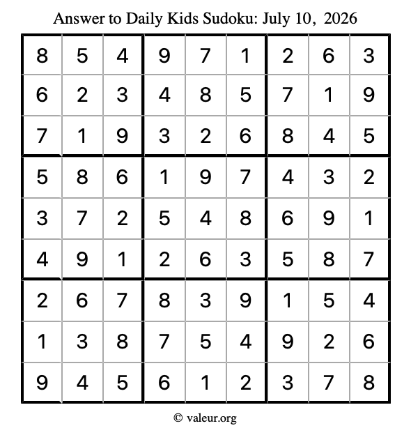 Answer to kids sudoku July 10, 2026