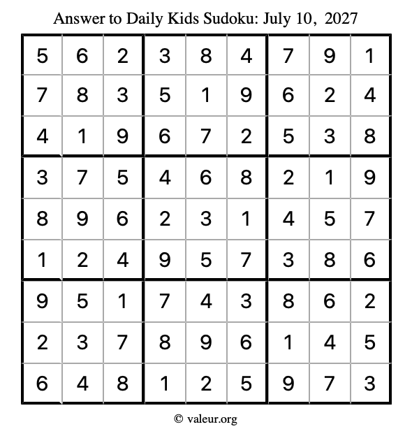 Answer to kids sudoku July 10, 2027