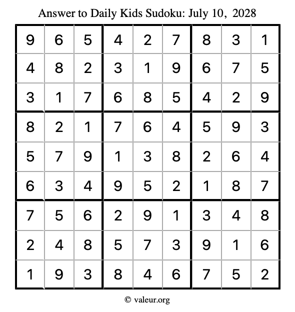 Answer to kids sudoku July 10, 2028