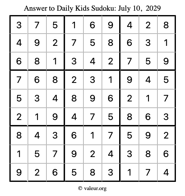Answer to kids sudoku July 10, 2029