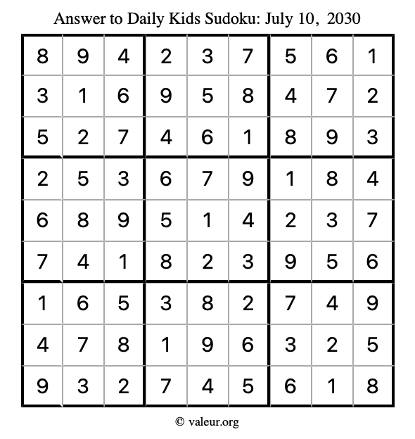 Answer to kids sudoku July 10, 2030