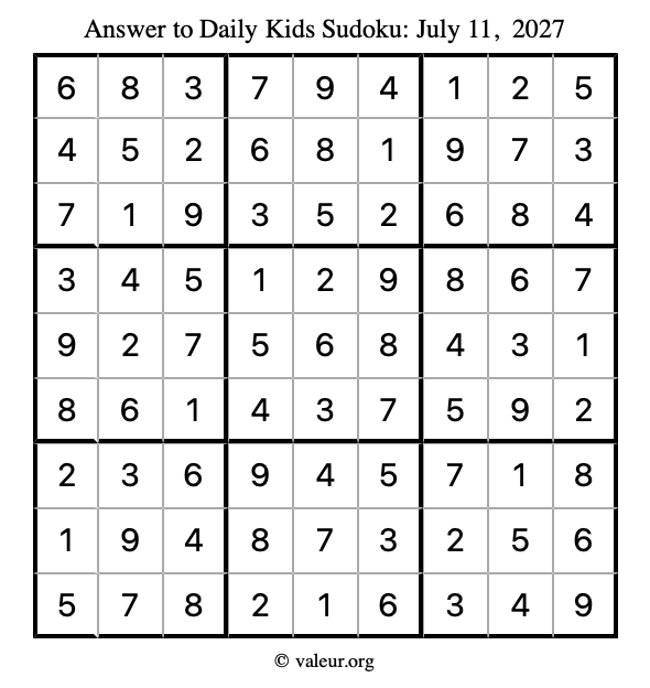 Answer to kids sudoku July 11, 2027