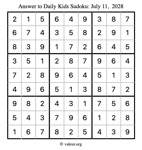 Answer to kids sudoku July 11, 2028