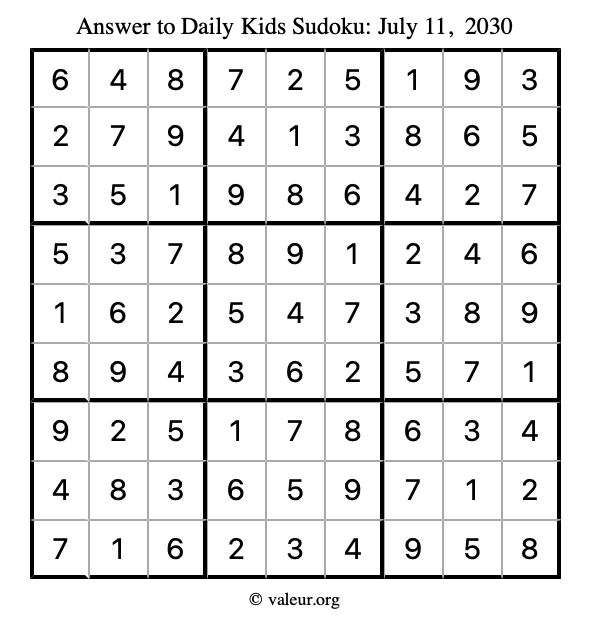 Answer to kids sudoku July 11, 2030