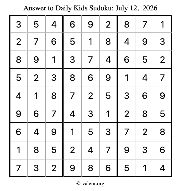 Answer to kids sudoku July 12, 2026