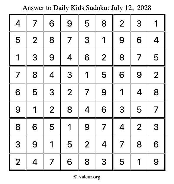 Answer to kids sudoku July 12, 2028